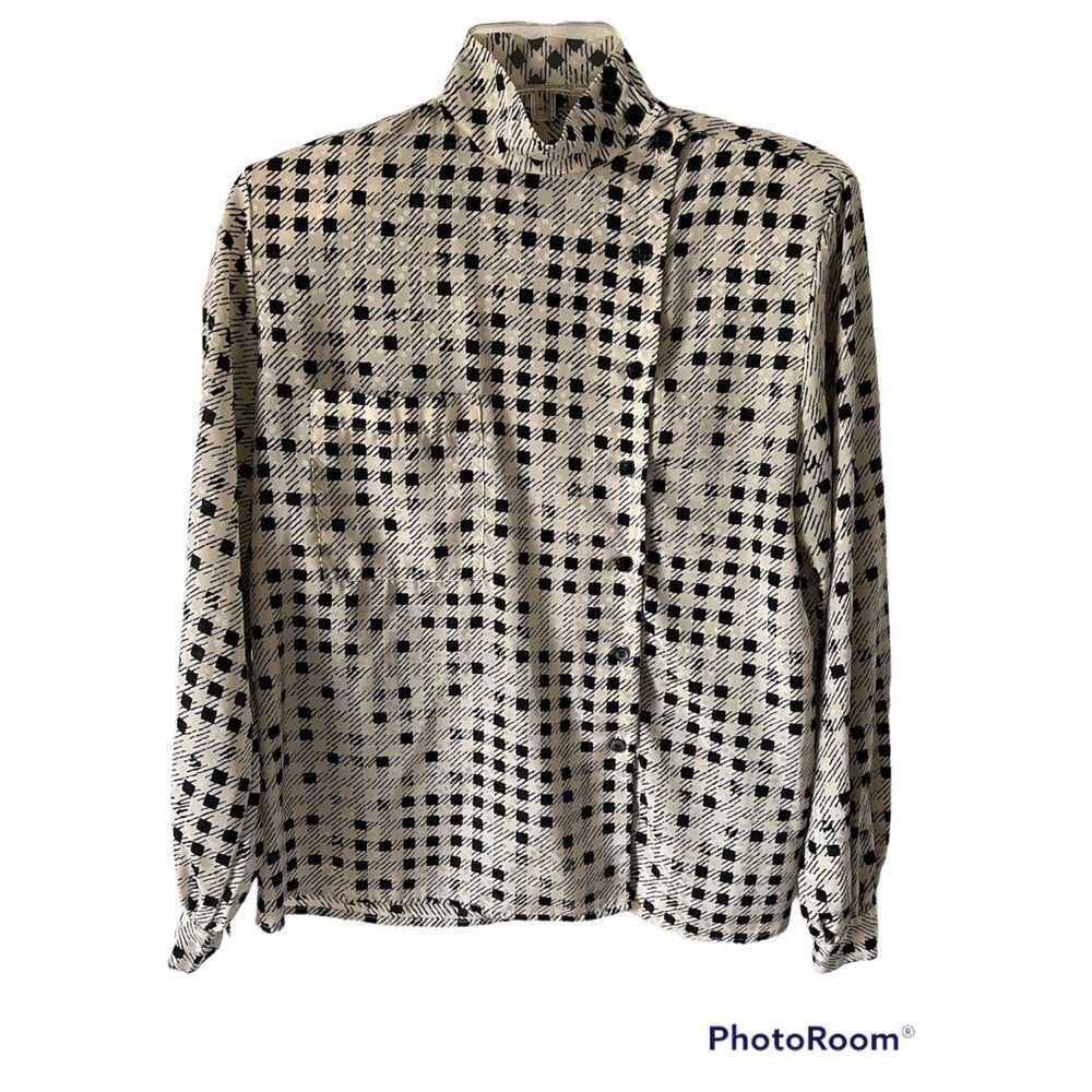 70’s JH Collectibles Off Center Button Down Blouse, Black/Cream, Size 4